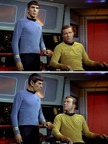 Kirk and Spock talking on the Enterprise bridge